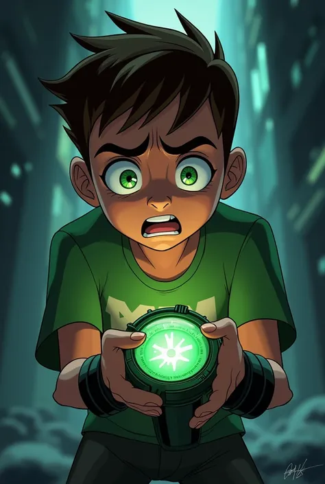 Ben 10 is crying with fear and he has a scary watch
