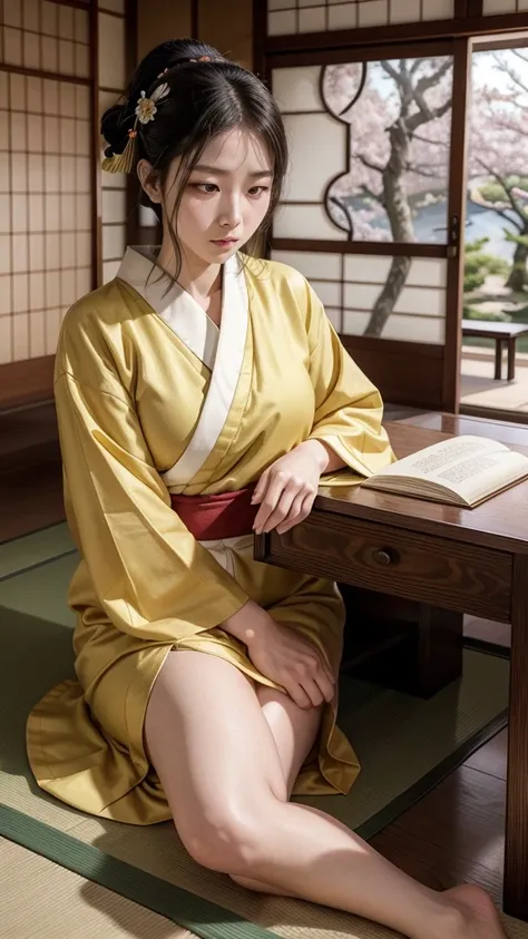 Sei Shonagon sitting at a low wooden desk, fully dressed in a modest yellow kimono that covers her entire body, including her chest. She is focused on writing The Pillow Book with a traditional Japanese brush in her hand. The scroll is laid out neatly on t...