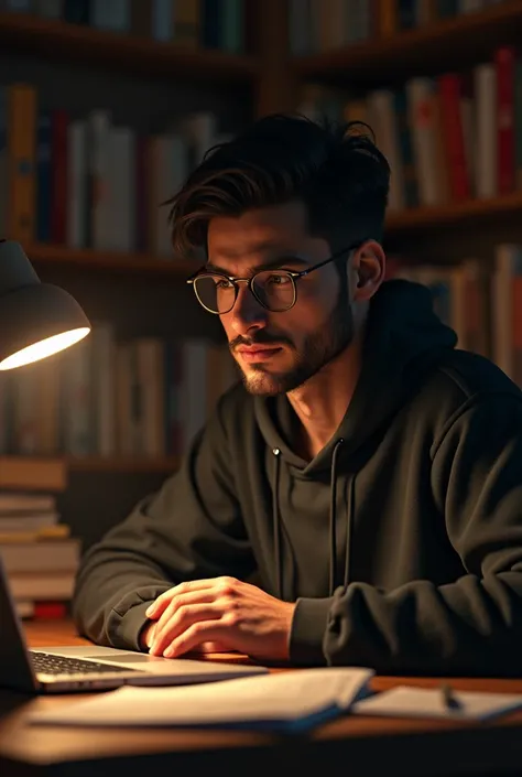 Martín, sitting at a desk surrounded by books, in a cozy home office, wearing a comfortable hoodie and glasses, studying late at night with a laptop open, a warm lamp illuminating his notes, close-up shot, hyper-realistic, photo realism, cinematography—ar’...