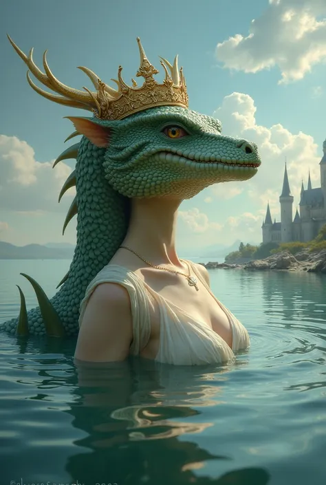 Realistic a woman with a dragon head and a crown on her head in the water with clouds above her and a castle in the background, Anne Stokes, fantasy art, dragon art, a fine art painting