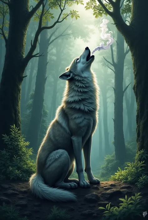 Imaginez un loup majestueux, assis de dos et levant la tête pour hurlé dans une forêt dense, avec ses poils détaillés et réalistes. Il est vu de dos. Autour de lui, des arbres sélèvent, leurs feuilles créant un jeu dombres et de lumières. De sa bouche, des...