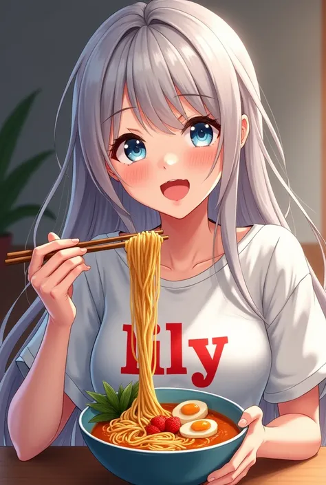 One young woman,Long Hair, chest, smile, Open your mouth, Silver Hair, A shirt with the word lily on it,cute、Young,I push my hair back and eat ramen,Looks delicious,