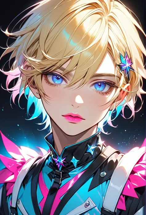 Male, with blond hair, with short hair, with lught blue eyee, he is wearing a scene outfit, he is flat chested like a man, he has pretty pink lips, he has pericings, he is wearing pink eyeshadow.