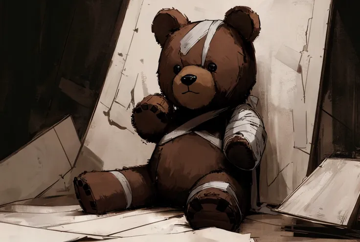  teddy bear, Worn, In a dark room, bandages, pain
