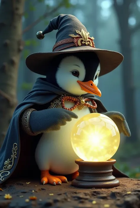 A cute penguin、Dressed as a fortune teller, peering into a crystal ball、No humans。Realistic、Ultra high definition, Very detailed, Best Quality, Fantasy