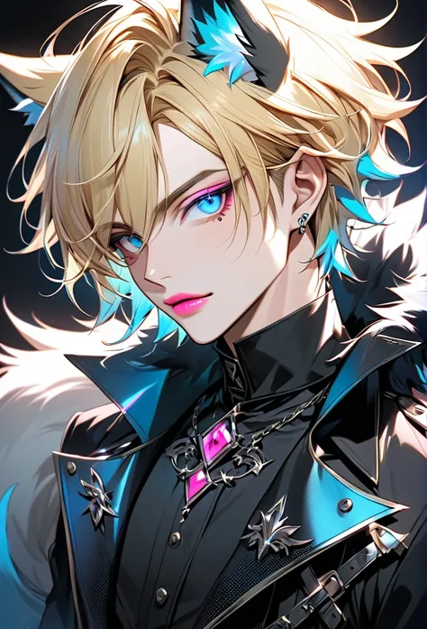 Male, with blond hair, with short hair, with light blue eyee, he is wearing a dark outfit with wolf ears, with a wolf tail he is flat chested like a man, he has pretty pink lips, he has pericings, he is wearing pink eyeshadow.