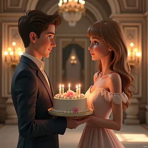 (Best quality), (Artwork), (High resolution), (Complex details:0.2),(Professional lighting), hall, Background details, Dress, skirt, Off the shoulder, (Preview), beautiful, 1 girl, Standing next to my boyfriend, Holding a birthday cake, (หน้าbeautiful:1.40...