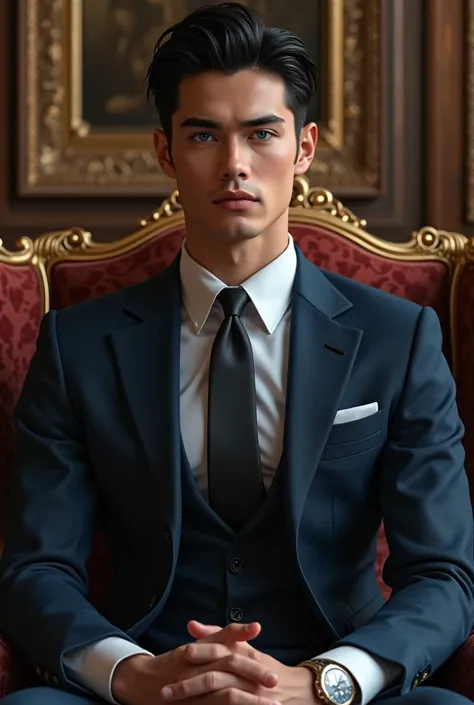 Handsome young man with black hair and blue eyes sitting in an elegant chair in a luxurious office with imposing posture and dressed in an elegant suit 