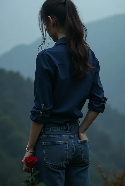 Wallpaper of a single show her backside, girl holding a rose in her hand, wearing very loose Cargo jeans and a dark blue navy blue shirt, right hand side one sleeve is folded till elbow and other one is full, in dark weather and wearing a silver watch in h...