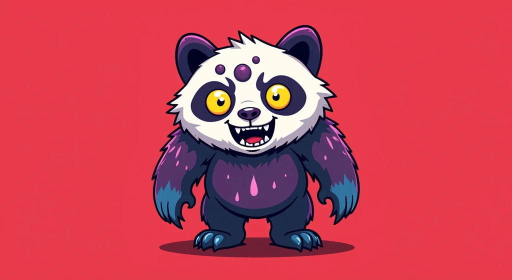 Panda 9: A shocked panda with purple paws and fiery red fur, its three bright yellow eyes wide open in surprise. The panda’s mouth is agape, exposing a full set of sharp teeth as it stands frozen in shock. Its chaotic fur adds to the wildness of the scene,...