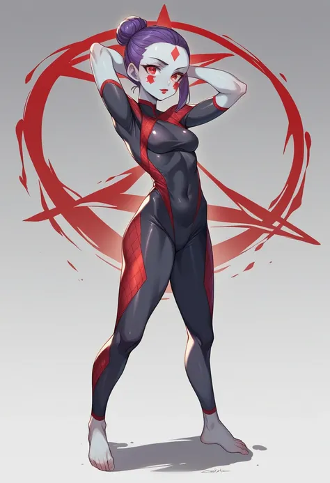 Best Quality、girl（1 person）、Purple Hair、Bun Hair（Knot）、Forehead、Grey skin-tight suit、Red lipstick、Red inverted triangle pattern on cheek、Anime Moe art style、barefoot、Standing with your back turned、Red ass、Hands clasped behind head