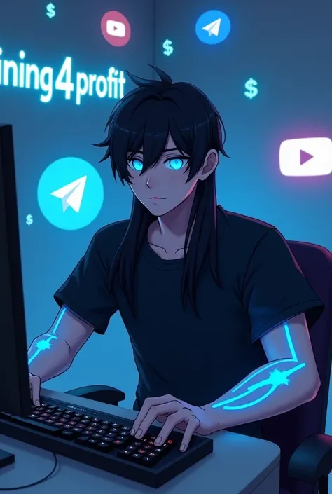 Smart boy of 22 old years, black styles long hair, white pants, black T-shirt, blue arua on arms, blue shiny eyes.A 2 smart boy will sit and run the computer and face forward. MINING 4 PROFIT will be written on the back wall.  And on the left will be the T...