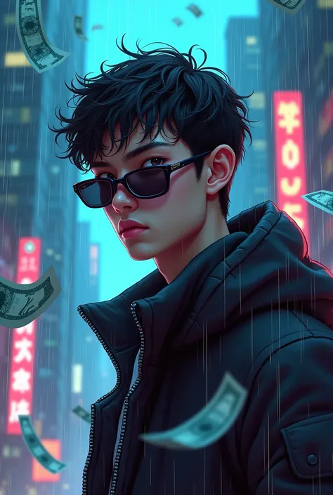 a NERD crypto boy with big brain and sunglass, in the rain of (((MONEY))))