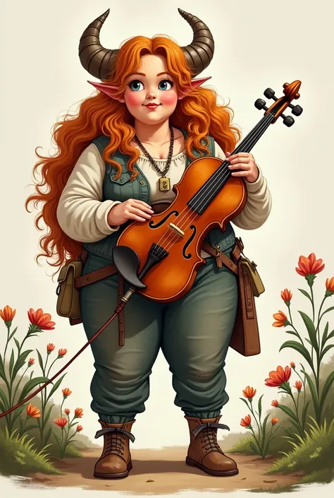 Large bodied female with horns and hooves. Sweet smile. 2d style, wearing fantasy travel clothes. Long frizzy ginger hair. Plays violin 