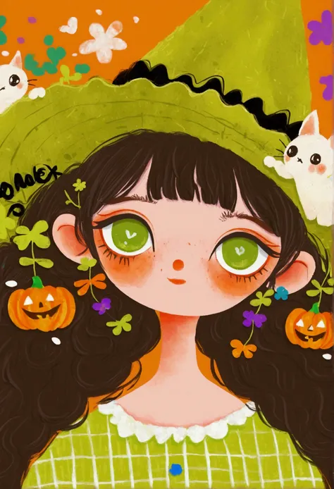 a painting，pastel art：halloween。girl wearing witch hat。。big green eyes，short hair，lol，teeth。lovely的艺术风格, lovely细致的数字艺术, lovely的数...