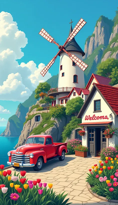 a quaint cliffside village featuring colorful houses, a large white windmill turning gently in the breeze, vibrant gardens full of tulips and daisies, a vintage red truck parked outside a small shop, the shop adorned with hanging flower baskets and a welco...