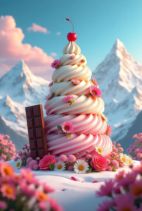 ,high high quality,8K,Many details,Ice cream is like a mountain,Little cherry,chocolate bar,The shape of the rotation is beautiful,adolable,Rich in color,Poster illustration,The foreground is surrounded by wildflowers,Advertising poster advertising promoti...