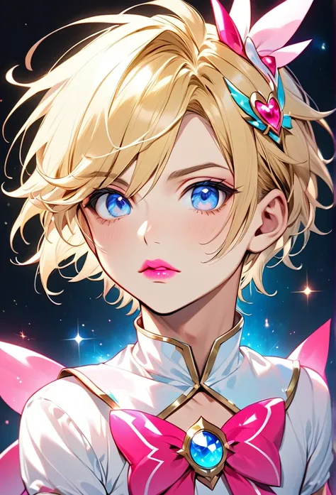 Male, with blond hair, with short hair, with light blue eyee, he is wearing a magical girl costume, he is flat chested like a man, he has pretty pink lips, he has pericings, he is wearing pink eyeshadow.