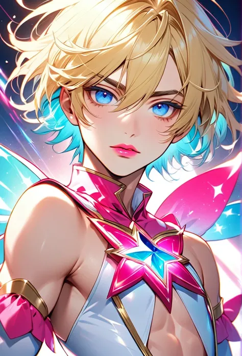 Male, with blond hair, with short hair, with light blue eyee, he is wearing a magical girl costume, he is flat chested like a man, he has pretty pink lips, he has pericings, he is wearing pink eyeshadow.