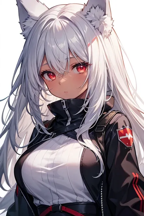 One Girl, High resolution, Shortcuts, Silver Hair, Red eyes, Shut your mouth.,,Wolf Ears, Large Breasts, Hide your ears, sleepy, Simple Background, anime,Brown skin color,Winning spirit