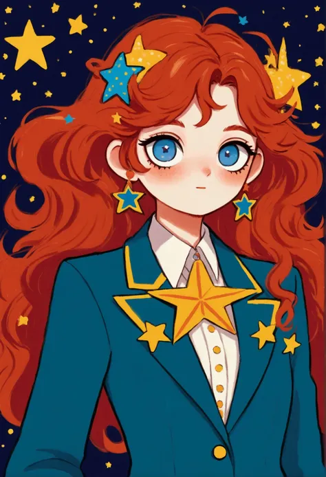 cartoon girl with red hair wearing a blue suit and a star, retro anime girl, cute art style, cute portrait, beautiful portrait of nami, delicate androgynous prince, anime style portrait, madeline from celeste, lofi portrait, tatsumaki, portrait of magical ...