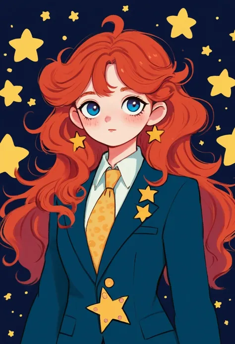 cartoon girl with red hair wearing a blue suit and a star, retro anime girl, cute art style, cute portrait, beautiful portrait of nami, delicate androgynous prince, anime style portrait, madeline from celeste, lofi portrait, tatsumaki, portrait of magical ...