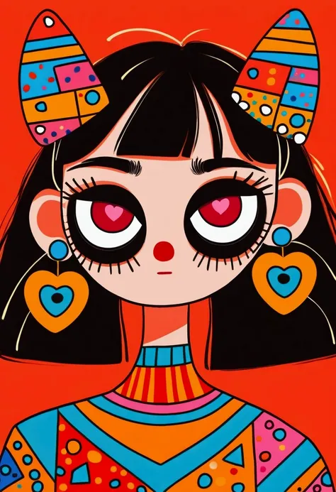 girl with bangs and cute bob haircut, wearing a playful skull mask with large hollow eyes and pointed ears, bright red square-shaped earrings, multicolored striped top, bold geometric design, standing pose, expressive cartoon style, worried facial expressi...