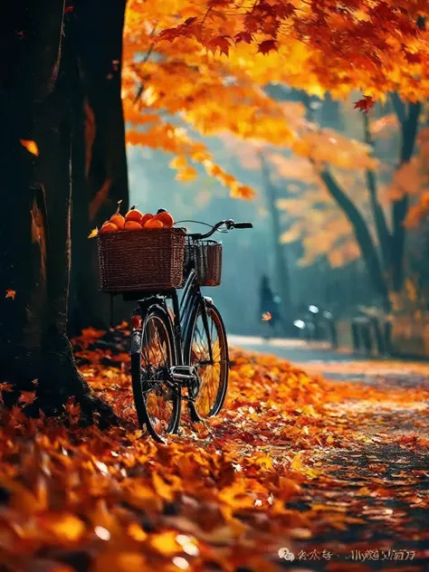 a close up of a bicycle parked next to a tree with leaves on it, in the autumn, autumn season, autumn leaves falling, beautiful autumn spirit, magical leafs falling, during autumn, hd wallpaper, 🍁 cute, beautiful wallpaper, in autumn, 🍂 cute, autumn colors...