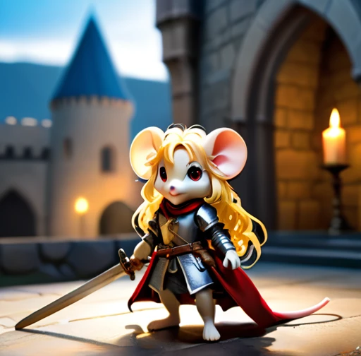 full body Esbian、Cool Female Mouse、Pop Female Mouse、diorama、symple background、bandana、holding sword, ​masterpiece, long-blonde hair, sword pointed up, curly hair, Best Quality, Capture super cute moments, depth of fields, ultra-detailliert, Ultra High Reso...