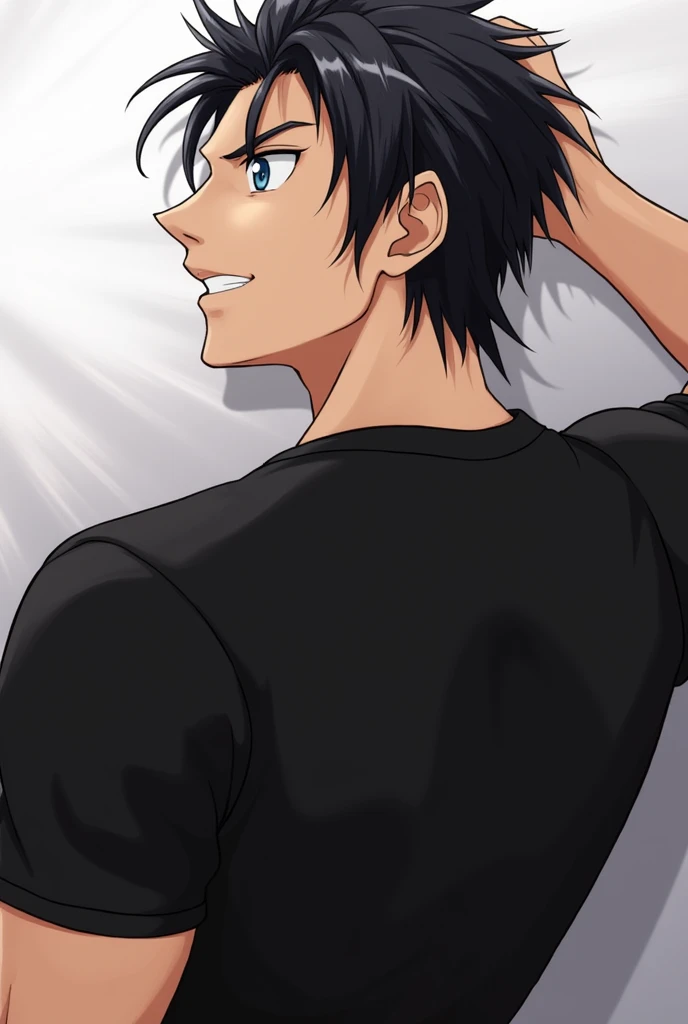 Black T-shirt，anime，Black Hair, Slicked back，Sharp Eye，muscle，