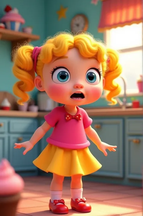 Lucy, with curly blonde hair in pigtails, a round face with bright eyes, originally from a small town, wearing a vibrant pink top with a cute yellow skirt, red shoes with bows. The background is a colorful kitchen with cupcakes and decorations. Lucy is loo...