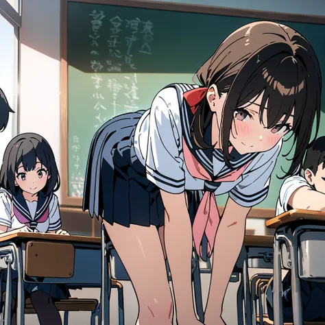 High resolution, 8k, best quality, masterpiece, ultra detailed, anatomically correct, anime,
1girl and 4 girl and 2boy, (she sitting in a chair, bent over, arms on school desk:1.2),
BREAK
She has very long low twintails with red ribbon, very long low pigta...