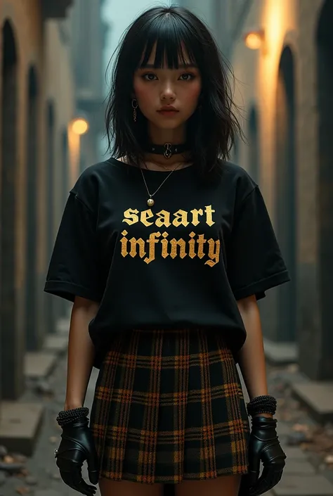 BlackandGold, Teen Girls High Low Hem Tee & Plaid Pleated Skirt & Cami Top with lettering written on the clothing saying "Seaart Infinity" Gothic Lettering