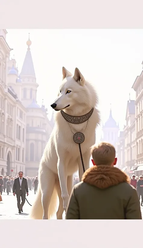 Highest quality、masterpiece、RAW Photos、Film Grain、Ultra-realism、Realistic-oriented、Ultra-high resolution、A man walking a big white wolf、A man escorting a wolf by holding a lead attached to the wolf&#39;s collar、Big albino wolf with a collar、god獣、god々Wolf、M...