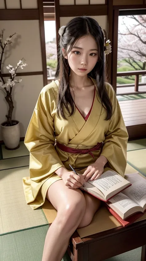 Sei Shonagon sitting at a low wooden desk, fully dressed in a modest yellow kimono that covers her entire body, including her chest. She is focused on writing The Pillow Book with a traditional Japanese brush in her hand. The scroll is laid out neatly on t...