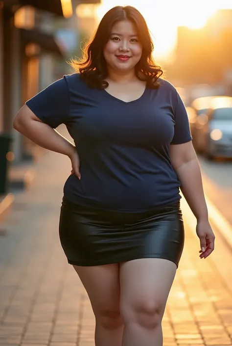 ((best quality)), ((masterpiece)), (detailed), perfect face, a woman in a dark-blue t-shirt and thight skirt random posing for a picture, bbwchan, thick body, thicc, she has a jiggly fat round belly, korean girl, curvy model, beautiful thick female, thick,...