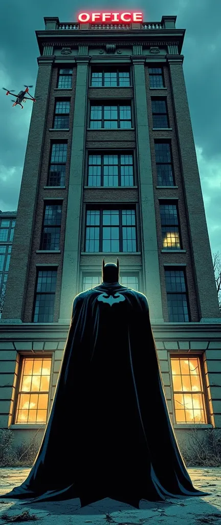 Batman stops in front of a seemingly abandoned office building. His reconnaissance drone hovers ahead and scans the building.
 in comic book style 90s