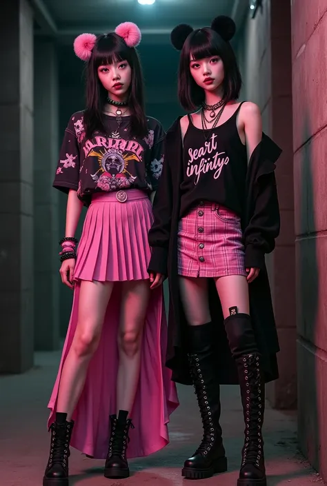 BlackandBlack, Teen Girls High Low Hem Pink Tee & Pink Plaid Pleated Skirt & Cami Top with lettering written on the clothing saying "Seaart Infinity" Gothic Lettering