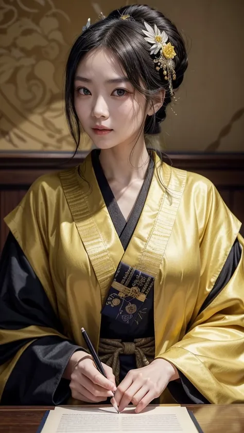 Sei Shonagon with a sharp, slightly mischievous expression, observing court nobles. Her face reflects American preferences, with a composed and confident appearance—large eyes, subtle cheekbones, and a slight smirk. She is wearing an extravagant yellow kim...