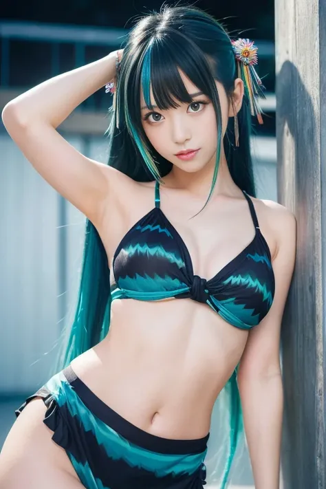 (masterpiece, Best Quality, High resolution:1.4), wallpaper, whole body, One girl, Long Hair, (Blue Hair:1.0), (Black Hair:1.0), Green Eyes, Multicolored Hair, Gradient Hair, Small breasts, Turn to the side, Yukata , Have a party popper, night, Hair Clip, ...