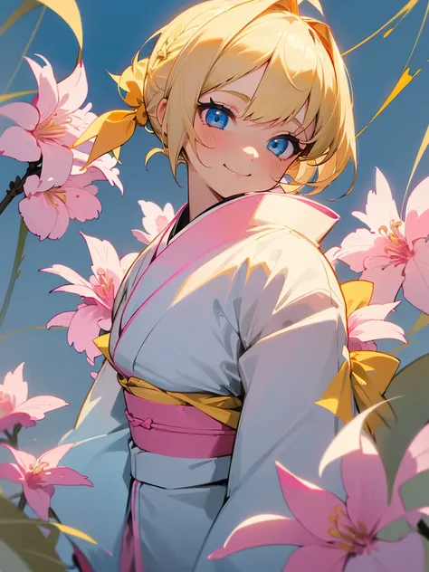 ((girl)) ((blonde hair)) ((two ponytails)) ((yellow ribbons in ponytails)) ((short ponytails)) ((short hair)) ((fluffy bangs)) ((blue eyes)) ((pink noseband)) ((pink kimono)) ((kimono white flowers pattern)) smilingBoca abierta, Dientes, 