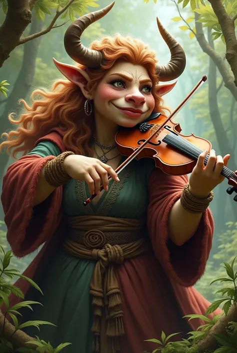 Large bodied female firbolg who plays violin. She has a cow shaped nose and a gentle smile. Wild frizzy hair and curled horns