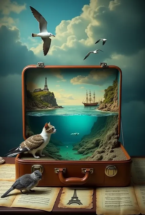 (Surreal photography:1.4) of a miniature seascape, with lighthouses and sailing ship, inside an open vintage suitcase, (underwater scene visible:1.3), dramatic clouds and seagulls, centered composition, on a table with sheet music, moody lighting, shot fro...