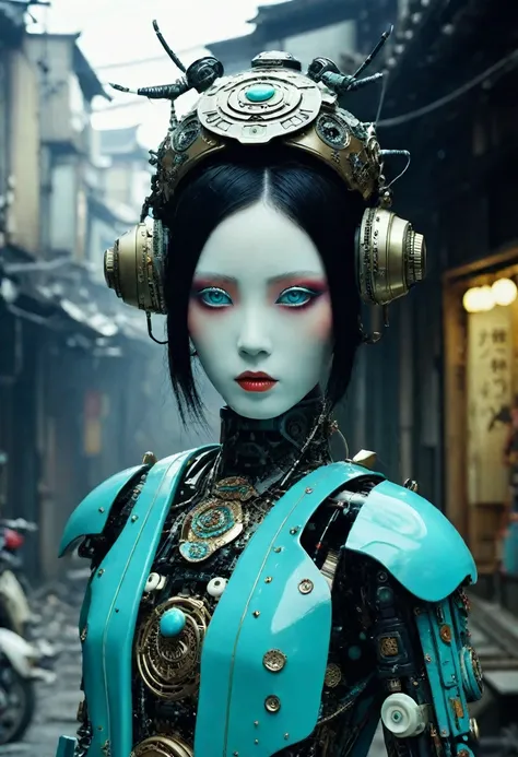 Only the head is Japanese、kimono、Black Hair、Full body photograph by Tim Walker. Little funny robot, porcelain face and head, big turquoise eyes, perfect eyes, best quality in neo-Harajuku style, embodying the mood of a post-apocalyptic world, intricate det...