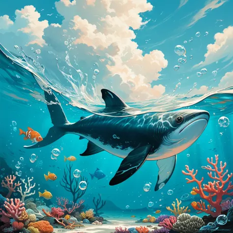 The theme is where the sea and the sky merge at the horizon, blue sea, blue sky, clouds, Killer whales in the sky, schools of fish, underwater, bubbles, foam, clear water, transparent water, underwater scene. Coral, white sand on the sea bottom, no water s...