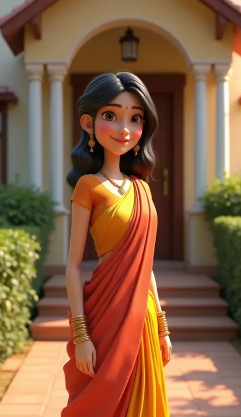 A woman was standing outside the house 3d animation, wear attractive clothes in saree, smiling good figure,