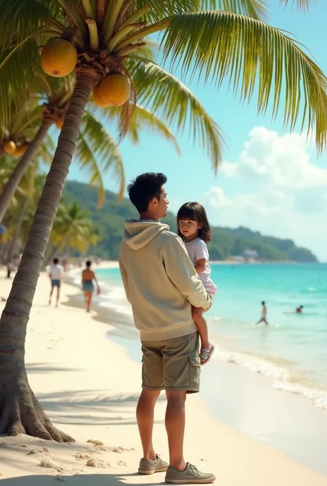 Image of a young Indonesian man&#39;s face, pale yellow skin solid body, 30 years old with her  daughter, her child&#39;s hair has bangs, located on the edge of a white sandy beach, standing under a short coconut tree with lots of fruit while carrying a ch...