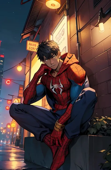 Spider-Man with hoodie, golden chains, lean sitting at night