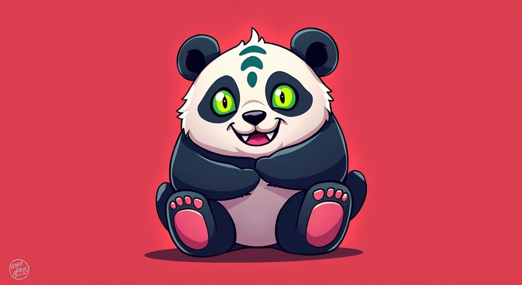 Design a panda with three eyes featuring glowing, neon green irises. Its fur should be fluffy white, contrasting with the vibrant eye color. The panda’s paws should be a soft pink, with a gentle gradient for added depth. The head stripes should be a rich, ...