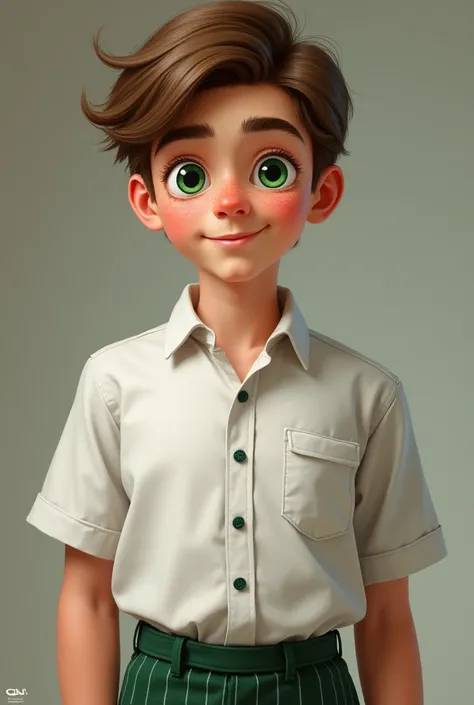 Handsome young man with brown hair and green eyes, freckled skin, wearing a school uniform, white shirt and green striped pants